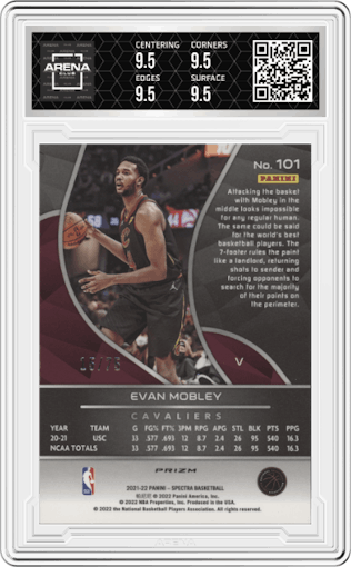 Evan mobley from the 2021-22 Panini Spectra set featuring a Asia Red & Yellow parallel graded by Arena Club and given an overall grade of 9.5.