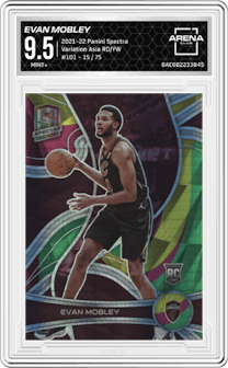 Evan mobley from the 2021-22 Panini Spectra set featuring a Asia Red & Yellow parallel graded by Arena Club and given an overall grade of 9.5.