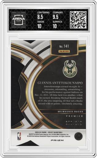 Giannis Antetokounmpo from the 2023-24 Panini Select  set featuring a Die-Cut Blue parallel graded by Arena Club and given an overall grade of 9.