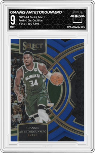 Giannis Antetokounmpo from the 2023-24 Panini Select  set featuring a Die-Cut Blue parallel graded by Arena Club and given an overall grade of 9.