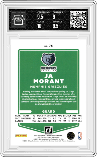 Ja Morant from the 2021-22 Panini Donruss set featuring a Light Blue Holo Laser parallel graded by Arena Club and given an overall grade of 9.5.