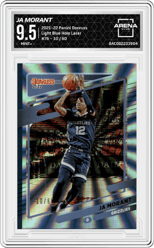 Ja Morant from the 2021-22 Panini Donruss set featuring a Light Blue Holo Laser parallel graded by Arena Club and given an overall grade of 9.5.