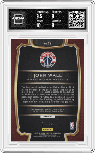 John Wall  from the 2015-16 Panini Select  set featuring a Tie-Dye parallel graded by Arena Club and given an overall grade of 9.5.