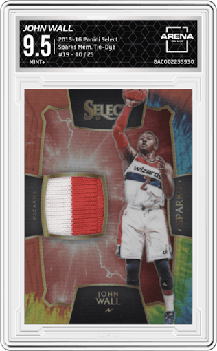 John Wall  from the 2015-16 Panini Select  set featuring a Tie-Dye parallel graded by Arena Club and given an overall grade of 9.5.