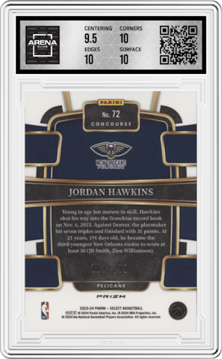 Jordan Hawkins from the 2023-24 Panini Select  set featuring a Light Blue Prizm parallel graded by Arena Club and given an overall grade of 10.