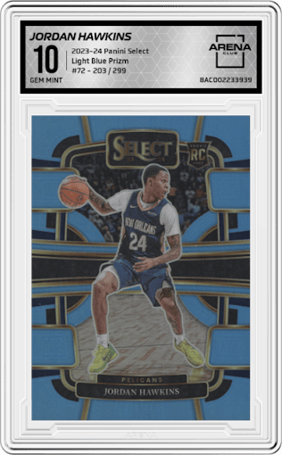Jordan Hawkins from the 2023-24 Panini Select  set featuring a Light Blue Prizm parallel graded by Arena Club and given an overall grade of 10.