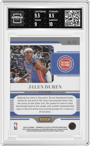Jalen Duren from the 2022-23 Panini Chronicles  set graded by Arena Club and given an overall grade of 9.