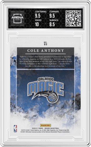 Cole Anthony from the 2020-21 Panini Origins  set featuring a Red parallel graded by Arena Club and given an overall grade of 9.