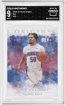 Cole Anthony from the 2020-21 Panini Origins  set featuring a Red parallel graded by Arena Club and given an overall grade of 9.