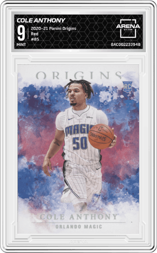 Cole Anthony from the 2020-21 Panini Origins  set featuring a Red parallel graded by Arena Club and given an overall grade of 9.