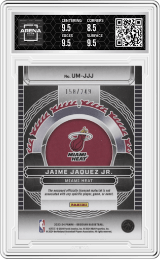 Jaime Jaquez Jr. from the 2023-24 Panini Obsidian set graded by Arena Club and given an overall grade of 9.