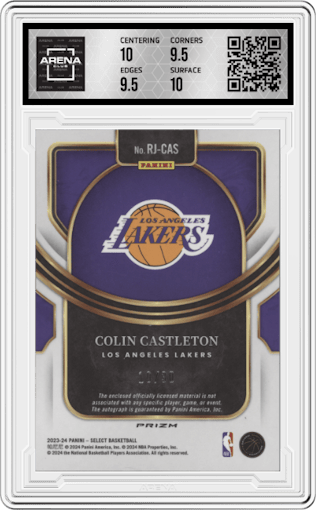 Colin Castleton from the 2023-24 Panini Select  set featuring a Neon Orange Pulsar FOTL parallel graded by Arena Club and given an overall grade of 10.