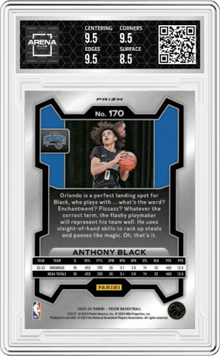 Anthony Black from the 2023-24 Panini Prizm set featuring a Orange Ice parallel graded by Arena Club and given an overall grade of 9.