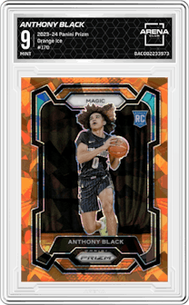 Anthony Black from the 2023-24 Panini Prizm set featuring a Orange Ice parallel graded by Arena Club and given an overall grade of 9.