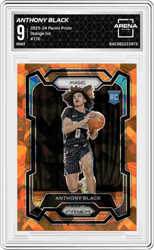Anthony Black from the 2023-24 Panini Prizm set featuring a Orange Ice parallel graded by Arena Club and given an overall grade of 9.