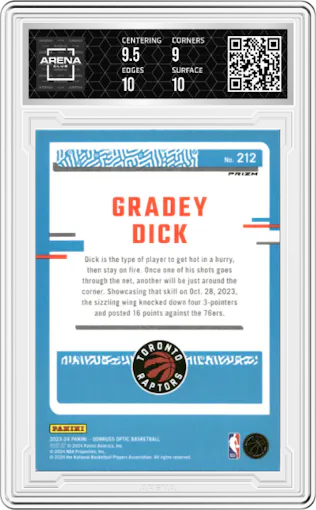 Gradey Dick from the 2023-24 Donruss Optic set featuring a Choice parallel graded by Arena Club and given an overall grade of 9.5.