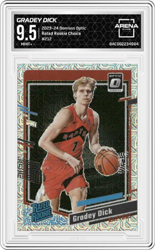 Gradey Dick from the 2023-24 Donruss Optic set featuring a Choice parallel graded by Arena Club and given an overall grade of 9.5.