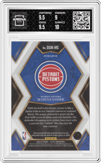 Marcus Sasser from the 2023-24 Panini Select  set featuring a Purple Prizm parallel graded by Arena Club and given an overall grade of 9.5.