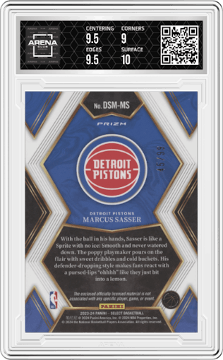 Marcus Sasser from the 2023-24 Panini Select  set featuring a Purple Prizm parallel graded by Arena Club and given an overall grade of 9.5.