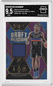 Marcus Sasser from the 2023-24 Panini Select  set featuring a Purple Prizm parallel graded by Arena Club and given an overall grade of 9.5.