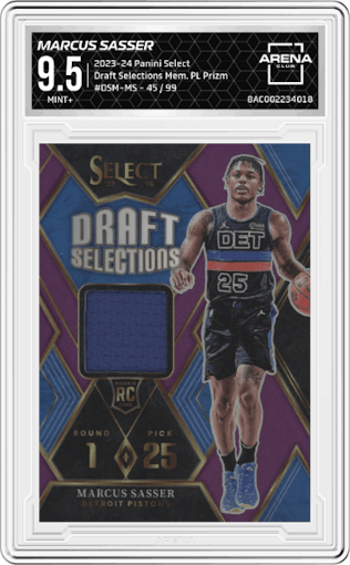 Marcus Sasser from the 2023-24 Panini Select  set featuring a Purple Prizm parallel graded by Arena Club and given an overall grade of 9.5.