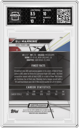 Eli Manning from the 2023 Topps Composite set featuring a Gold Refractor parallel graded by Arena Club and given an overall grade of 7.5.
