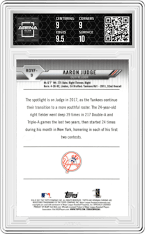 Aaron Judge from the 2017 Bowman set graded by Arena Club and given an overall grade of 9.5.