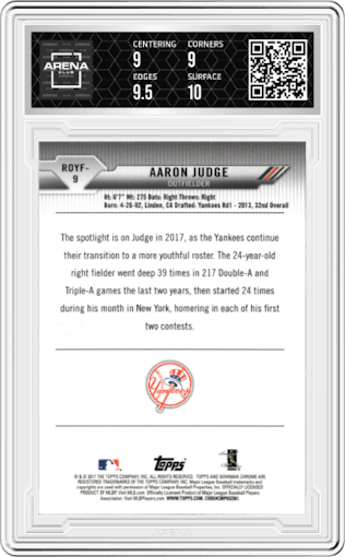 Aaron Judge from the 2017 Bowman set graded by Arena Club and given an overall grade of 9.5.