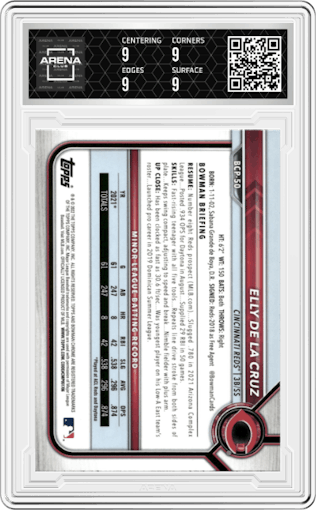 Elly De La Cruz from the 2022 Bowman set graded by Arena Club and given an overall grade of 9.