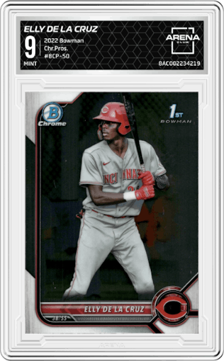 Elly De La Cruz from the 2022 Bowman set graded by Arena Club and given an overall grade of 9.