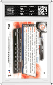 Aaron Judge from the 2017 Bowman set graded by Arena Club and given an overall grade of 9.5.