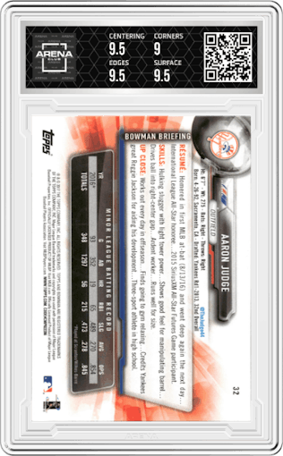 Aaron Judge from the 2017 Bowman set graded by Arena Club and given an overall grade of 9.5.