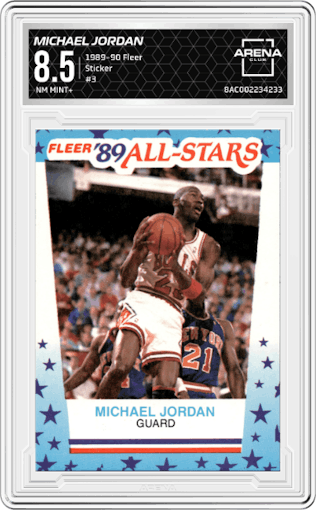 Michael Jordan  from the 1989-90 Fleer set graded by Arena Club and given an overall grade of 8.5.