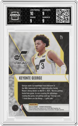 Keyonte George from the 2023-24 Panini Phoenix set graded by Arena Club and given an overall grade of 9.