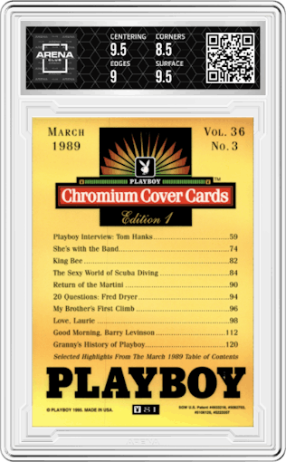 March 1989 from the 1995 Playboy Chromium Cover Cards set graded by Arena Club and given an overall grade of 9.
