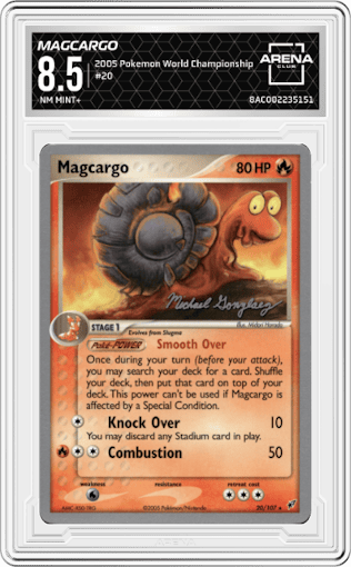 Magcargo from the 2005 Pokemon World Championship set graded by Arena Club and given an overall grade of 8.5.