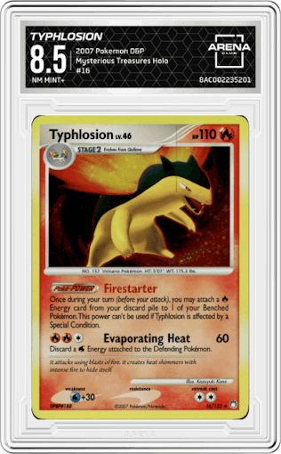 Typhlosion from the 2007 Pokemon D&P set graded by Arena Club and given an overall grade of 8.5.