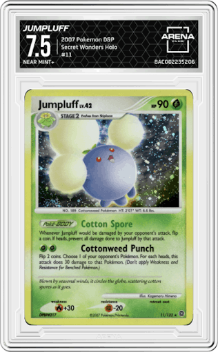 Jumpluff from the 2007 Pokemon D&P set graded by Arena Club and given an overall grade of 7.5.