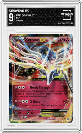 Xerneas EX from the 2014 Pokemon XY set graded by Arena Club and given an overall grade of 9.