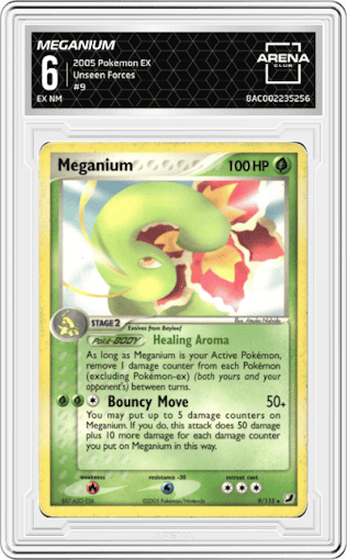 Meganium from the 2005 Pokemon EX set graded by Arena Club and given an overall grade of 6.