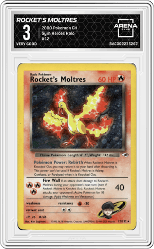 Rocket's Moltres from the 2000 Pokemon GH set graded by Arena Club and given an overall grade of 3.