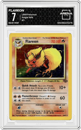Flareon from the 1999 Pokemon set graded by Arena Club and given an overall grade of 7.
