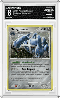 Metagross from the 2009 Pokemon Platinum set graded by Arena Club and given an overall grade of 8.