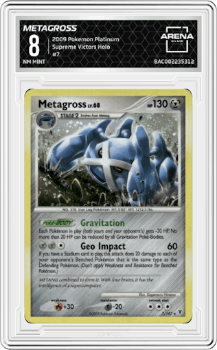 Metagross from the 2009 Pokemon Platinum set graded by Arena Club and given an overall grade of 8.