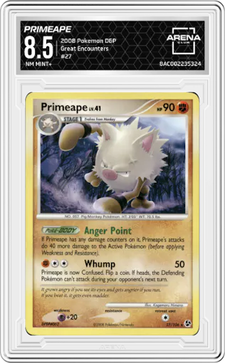 Primeape from the 2008 Pokemon D&P set graded by Arena Club and given an overall grade of 8.5.