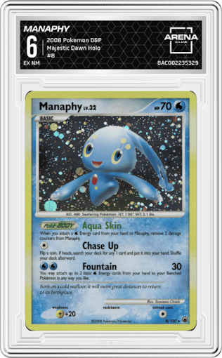 Manaphy from the 2008 Pokemon D&P set graded by Arena Club and given an overall grade of 6.