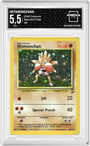 Hitmonchan from the 2000 Pokemon set graded by Arena Club and given an overall grade of 5.5.