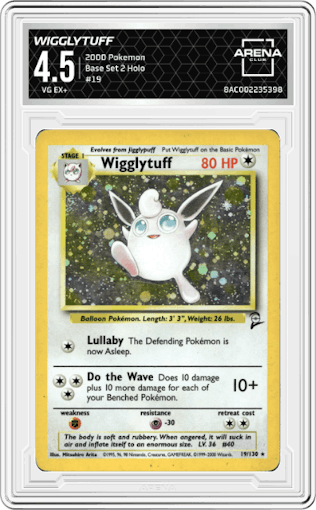Wigglytuff from the 2000 Pokemon set graded by Arena Club and given an overall grade of 4.5.