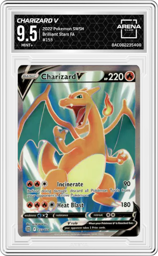 Charizard V from the 2022 Pokemon SWSH set graded by Arena Club and given an overall grade of 9.5.