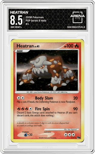 Heatran from the 2008 Pokemon set graded by Arena Club and given an overall grade of 8.5.